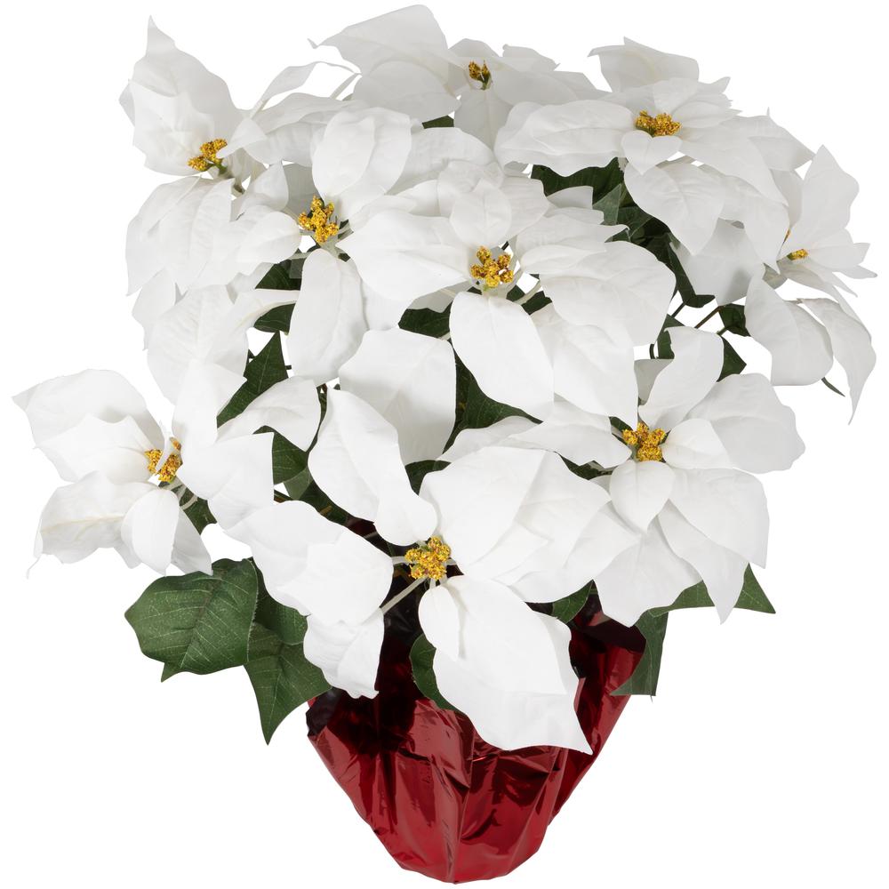 22" White Artificial Christmas Poinsettia Flowers with Red Wrapped Base. Picture 4
