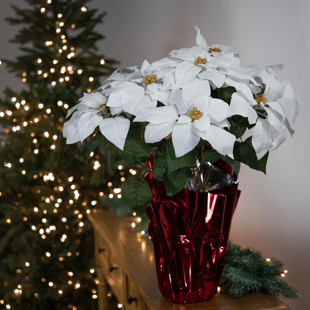 22" White Artificial Christmas Poinsettia Flowers with Red Wrapped Base. Picture 2