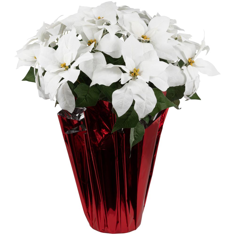 26" White Artificial Christmas Poinsettia in Red Wrapped Base. Picture 1
