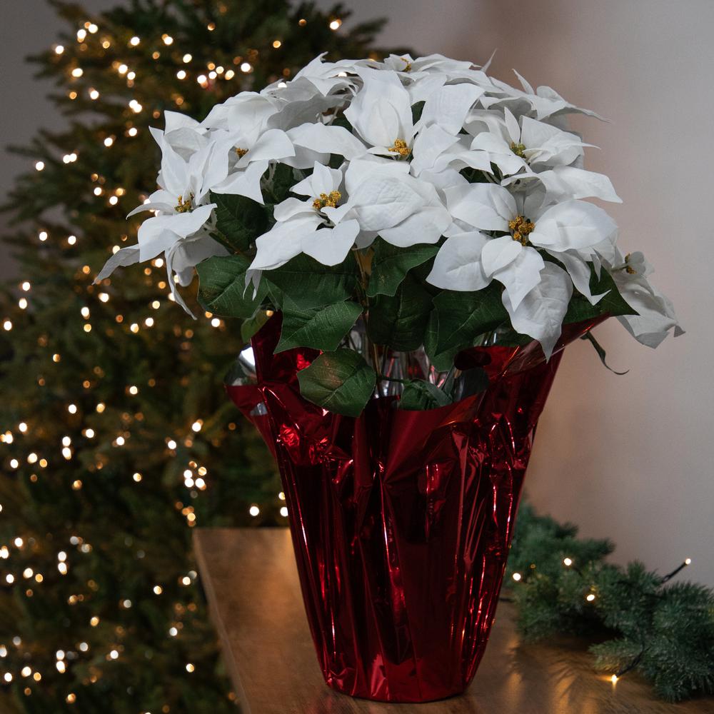 26" White Artificial Christmas Poinsettia in Red Wrapped Base. Picture 2