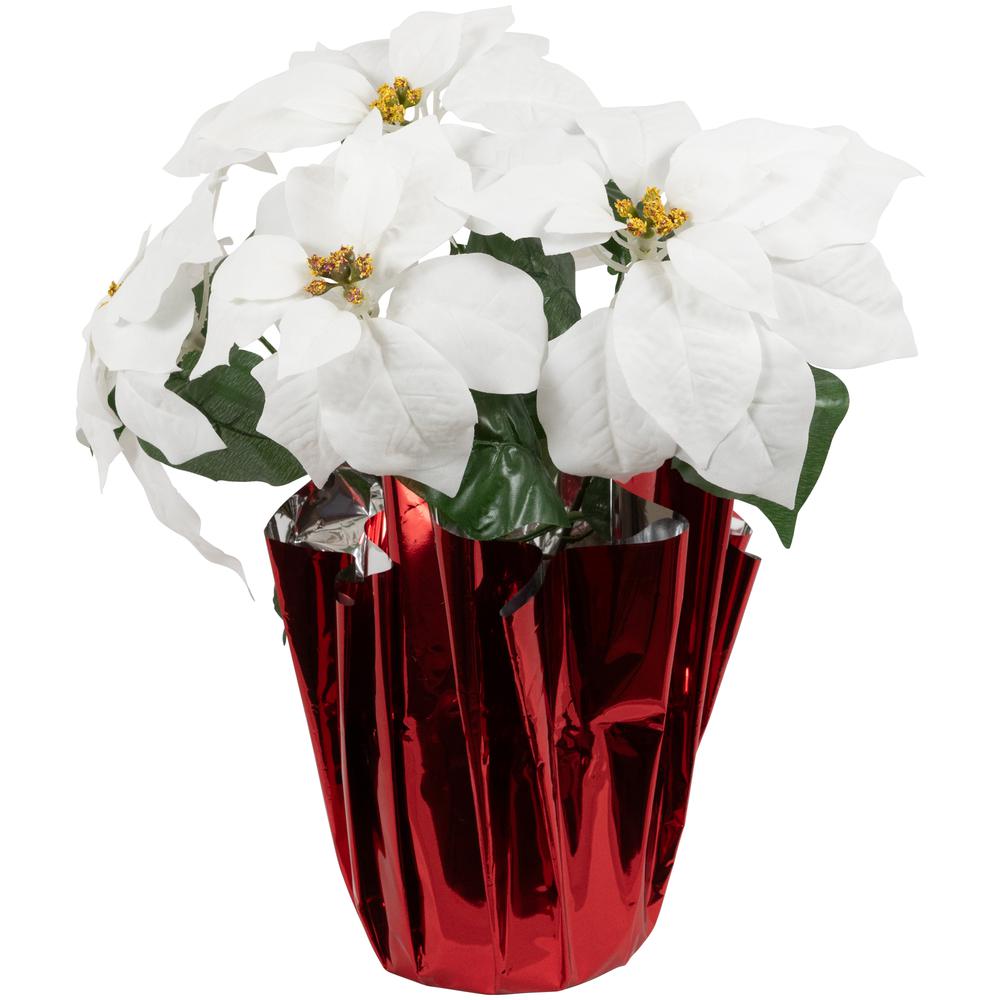 14.5" White Artificial Christmas Poinsettia with Red Wrapped Base. Picture 1