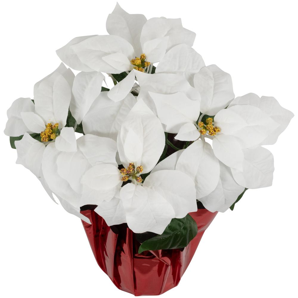 14.5" White Artificial Christmas Poinsettia with Red Wrapped Base. Picture 4