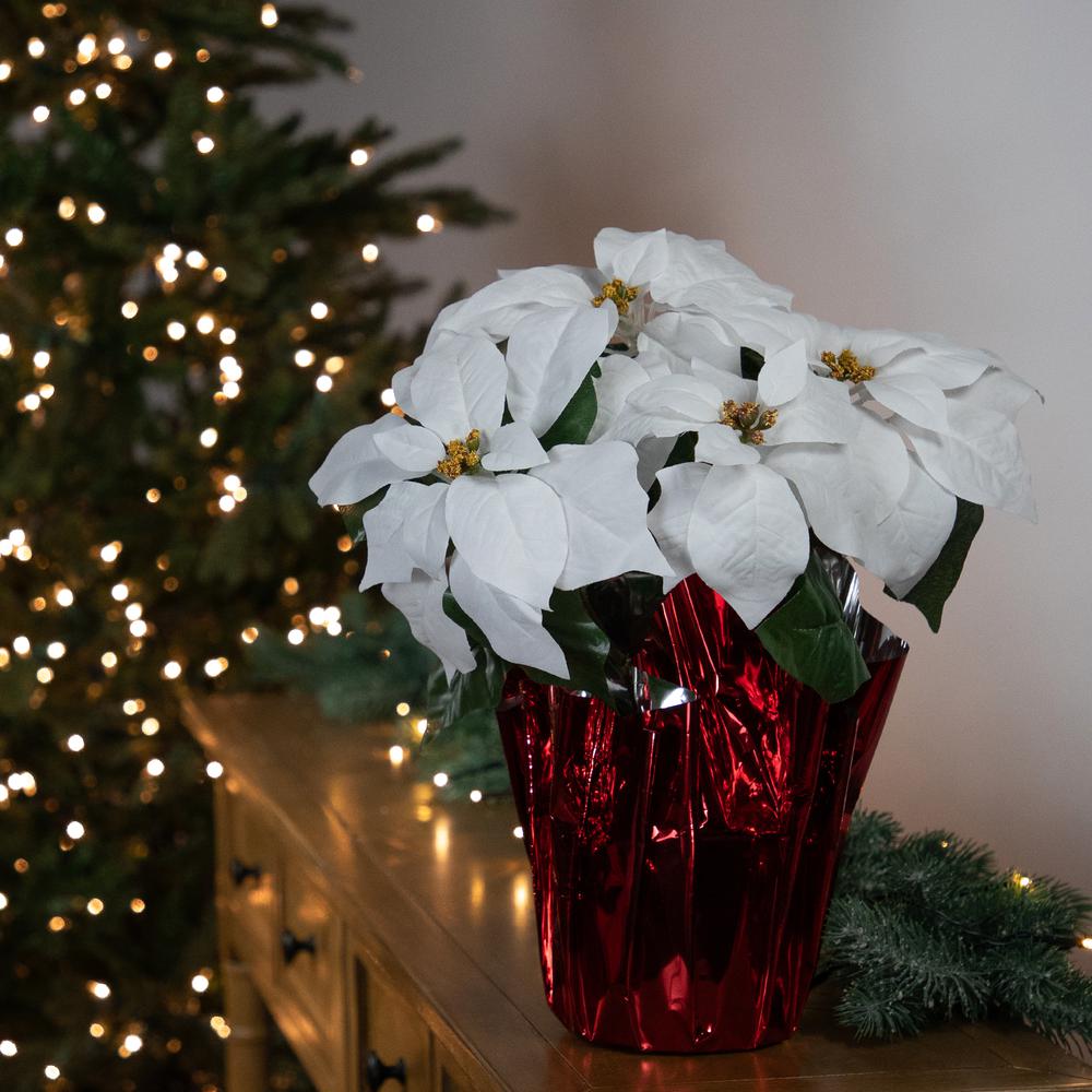 14.5" White Artificial Christmas Poinsettia with Red Wrapped Base. Picture 2