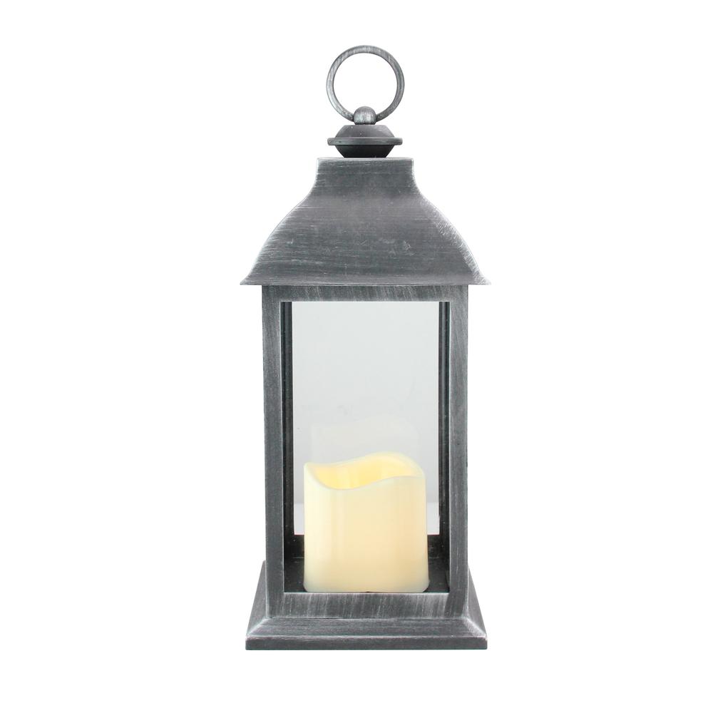 12.5" Silver Brushed Black Candle Lantern with Flameless LED Candle. Picture 1