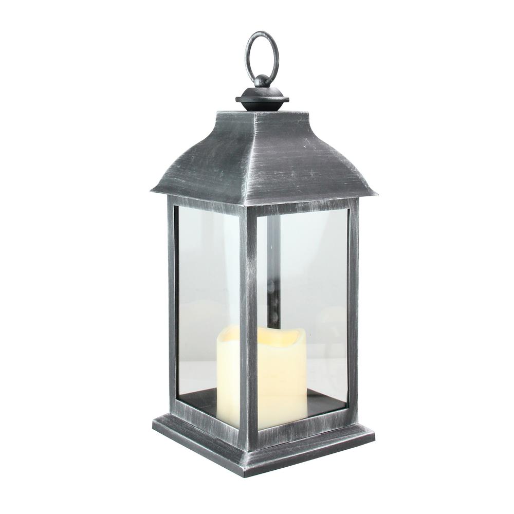 12.5" Silver Brushed Black Candle Lantern with Flameless LED Candle. Picture 2
