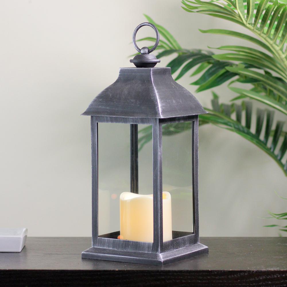 12.5" Silver Brushed Black Candle Lantern with Flameless LED Candle. Picture 3