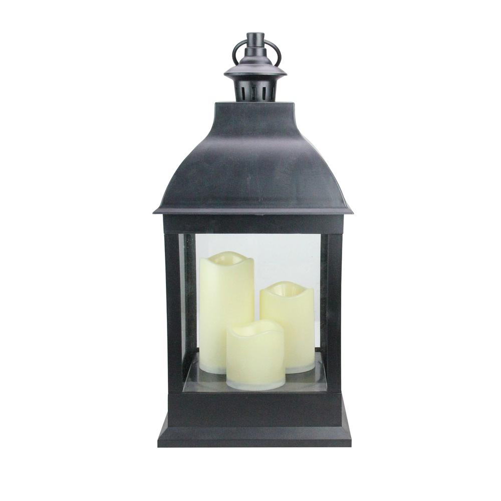 20" Large Black Candle Lantern with 3 Flameless LED Candles. Picture 1
