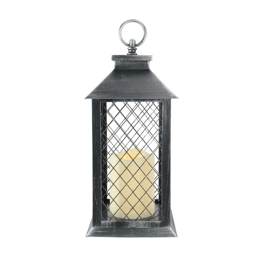 11" Silver Brushed Black Mesh Candle Lantern with Flameless LED Candle. Picture 1