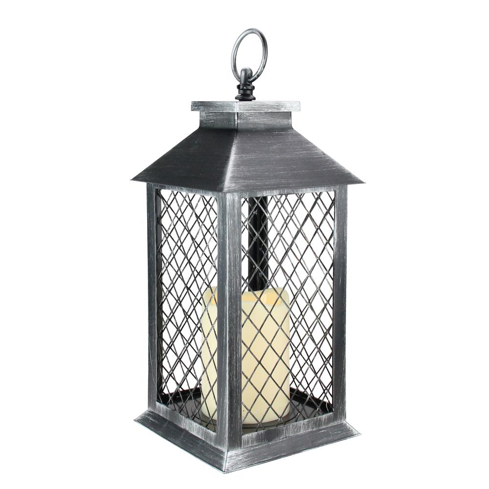 11" Silver Brushed Black Mesh Candle Lantern with Flameless LED Candle. Picture 2