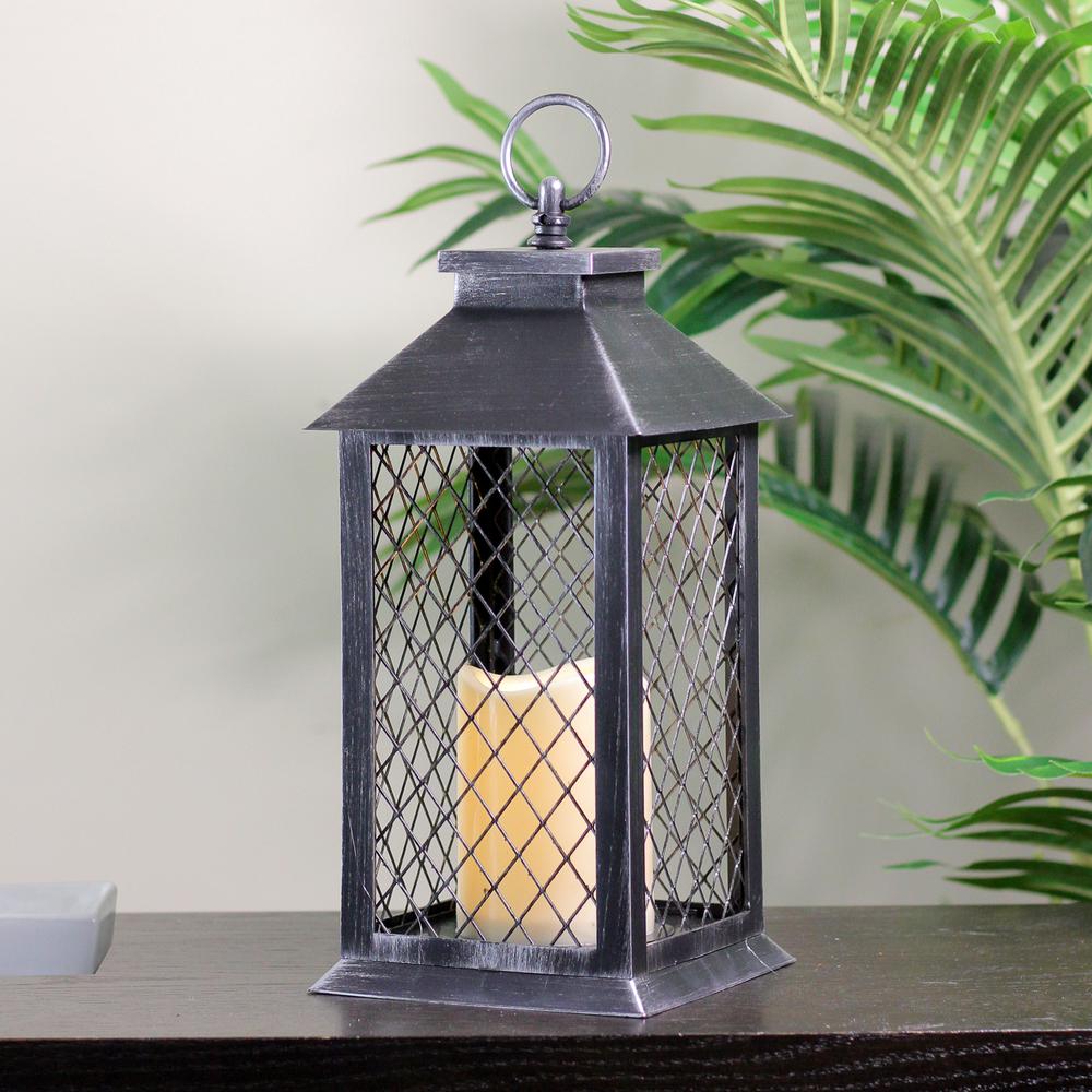 11" Silver Brushed Black Mesh Candle Lantern with Flameless LED Candle. Picture 3