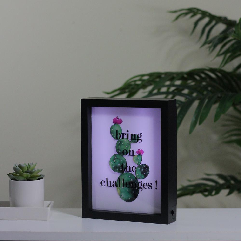 LED Lighted 'Bring on the Challenges' Cactus Framed Light Box 9" x 7". Picture 4
