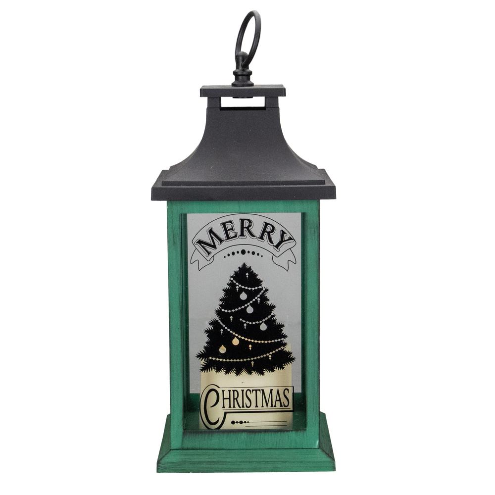 12" Green and Black LED Candle With Christmas Tree Tabletop Lantern. Picture 1