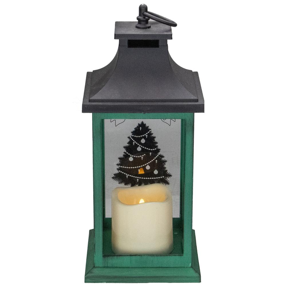 12" Green and Black LED Candle With Christmas Tree Tabletop Lantern. Picture 3
