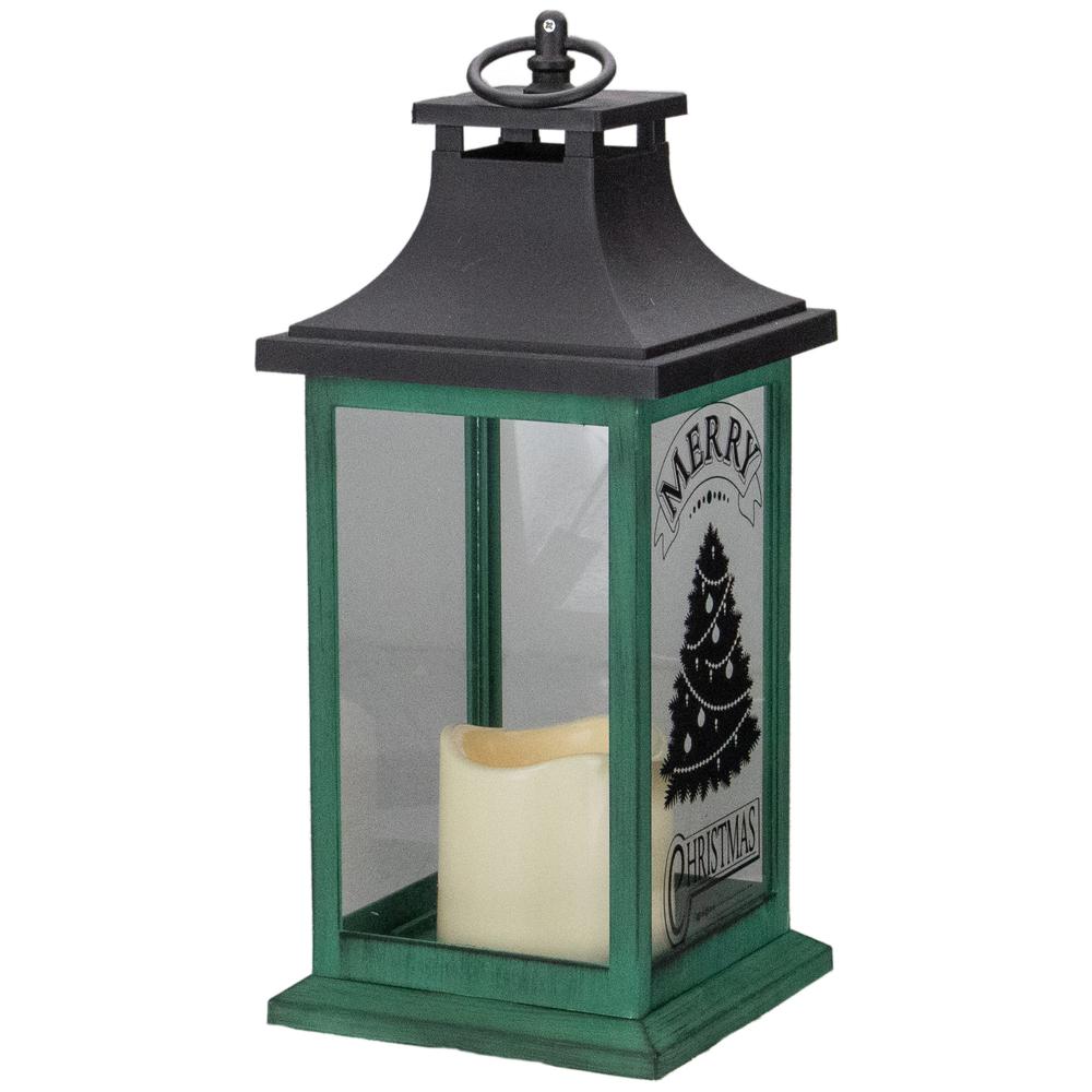 12" Green and Black LED Candle With Christmas Tree Tabletop Lantern. Picture 4