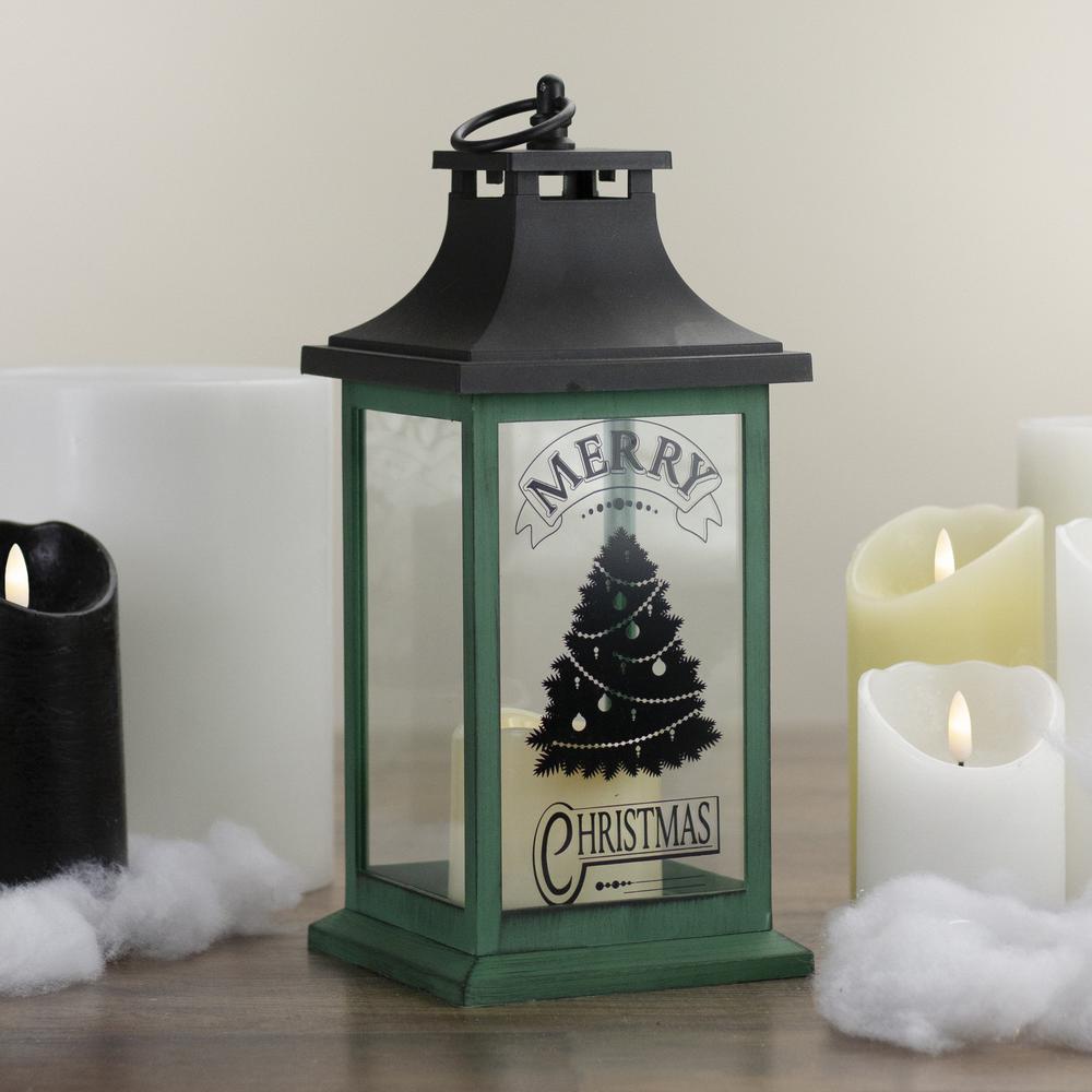 12" Green and Black LED Candle With Christmas Tree Tabletop Lantern. Picture 2