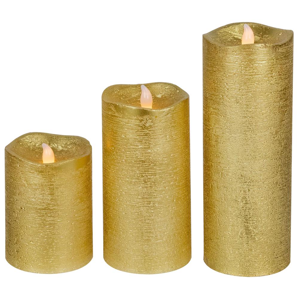 Set of 3 Brushed Golden LED Flameless Christmas Pillar Candles 8". Picture 1