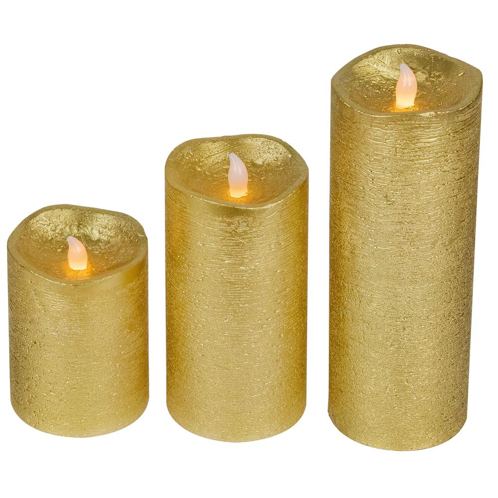 Set of 3 Brushed Golden LED Flameless Christmas Pillar Candles 8". Picture 4