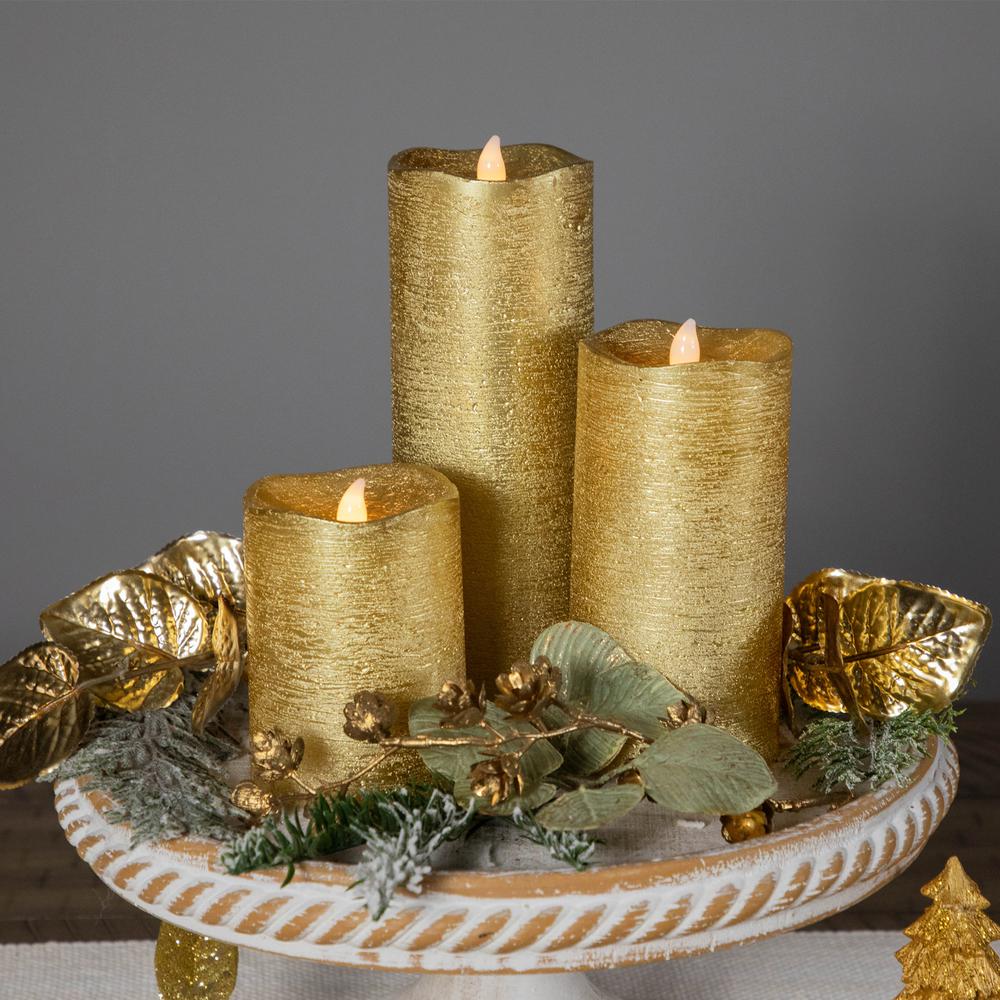 Set of 3 Brushed Golden LED Flameless Christmas Pillar Candles 8". Picture 3