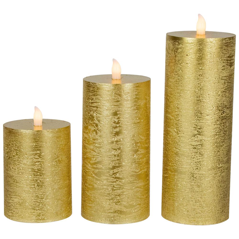 Set of 3 Gold LED Flickering Flameless Pillar Christmas Candles 8.75". Picture 1