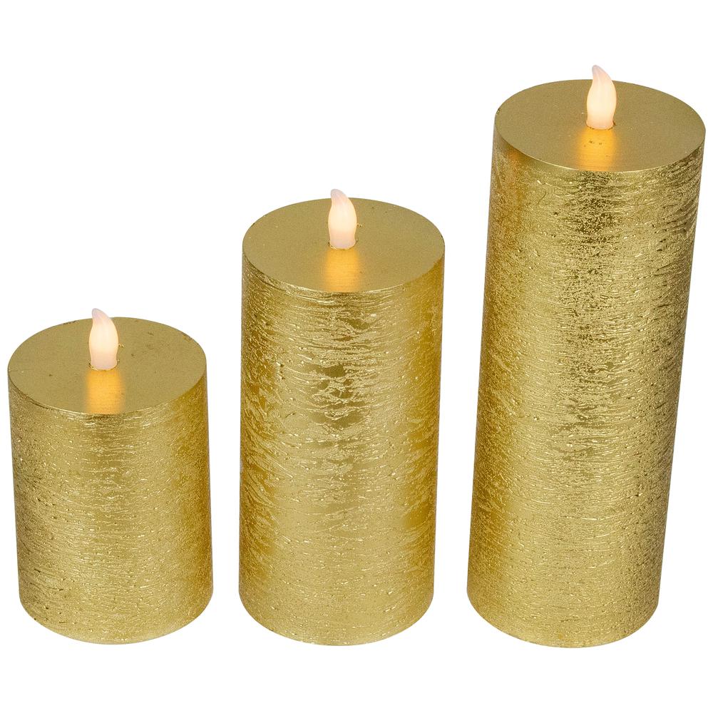 Set of 3 Gold LED Flickering Flameless Pillar Christmas Candles 8.75". Picture 4