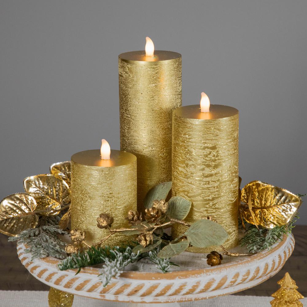 Set of 3 Gold LED Flickering Flameless Pillar Christmas Candles 8.75". Picture 3
