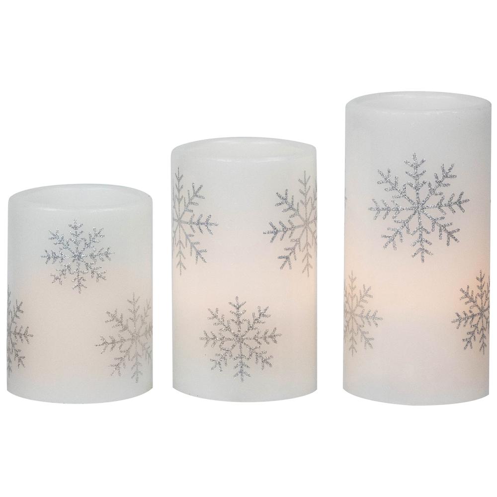 Set of 3 Flameless Silver Snowflakes LED Christmas Wax Pillar Candles 6". Picture 1