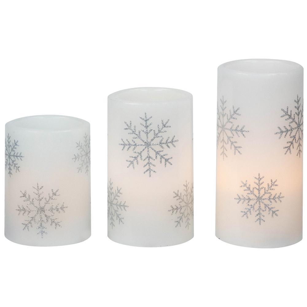 Set of 3 Flameless Silver Snowflakes LED Christmas Wax Pillar Candles 6". Picture 4
