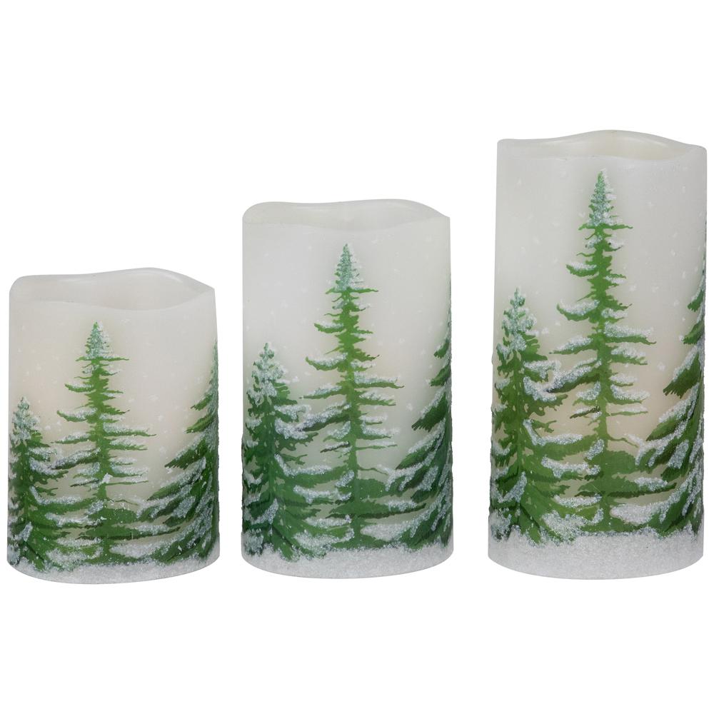 Set of 3 Flameless Frosted Pines Flickering LED Christmas Wax Pillar Candles 6". Picture 1