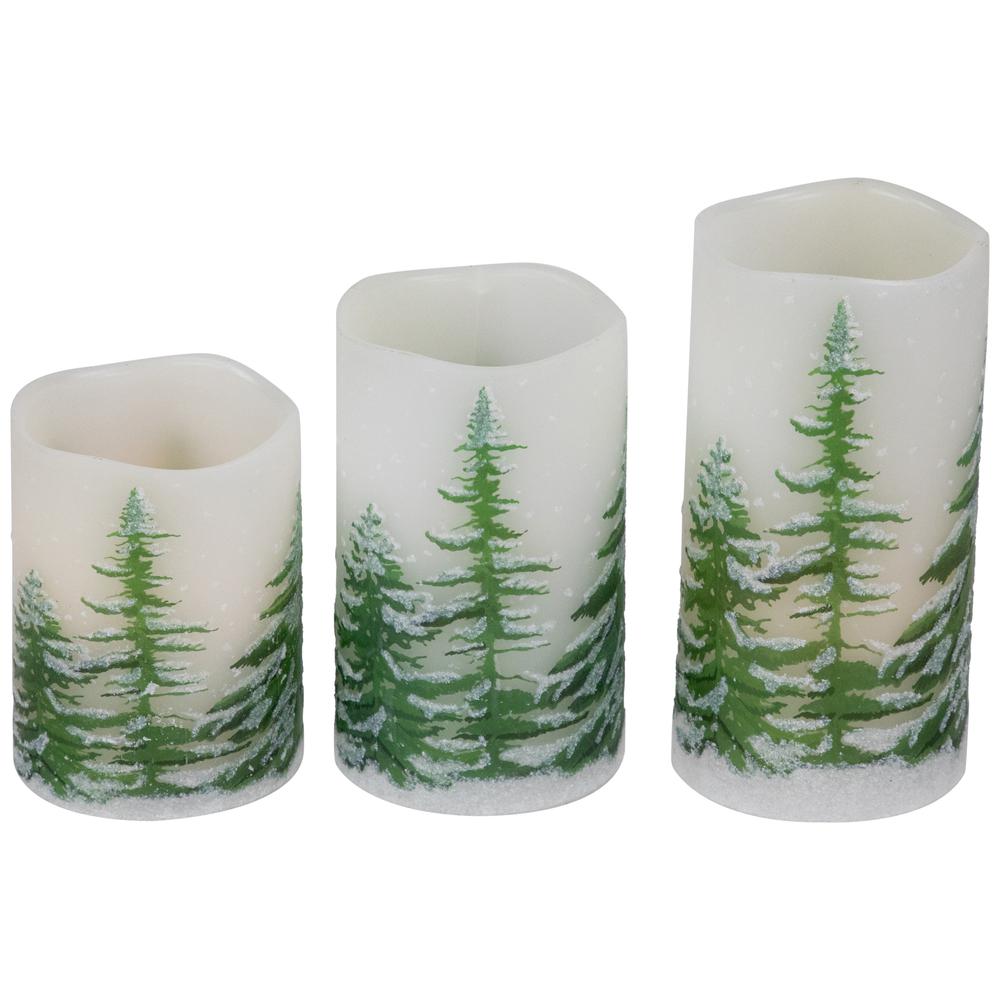 Set of 3 Flameless Frosted Pines Flickering LED Christmas Wax Pillar Candles 6". Picture 4