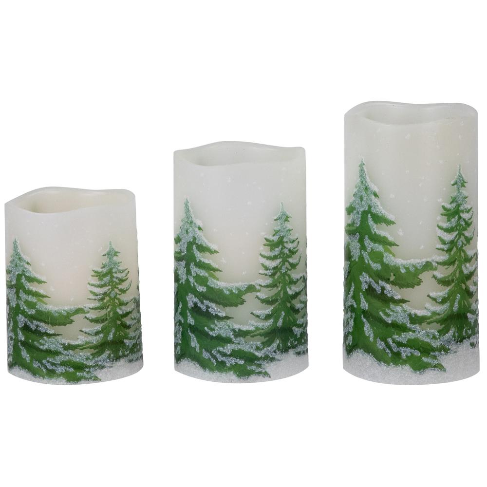 Set of 3 Flameless Frosted Pines Flickering LED Christmas Wax Pillar Candles 6". Picture 7