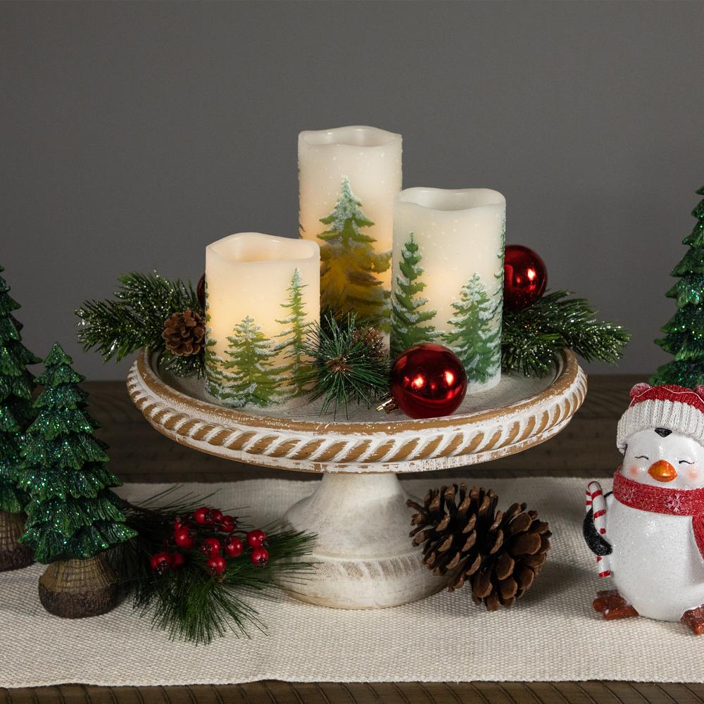 Set of 3 Flameless Frosted Pines Flickering LED Christmas Wax Pillar Candles 6". Picture 2