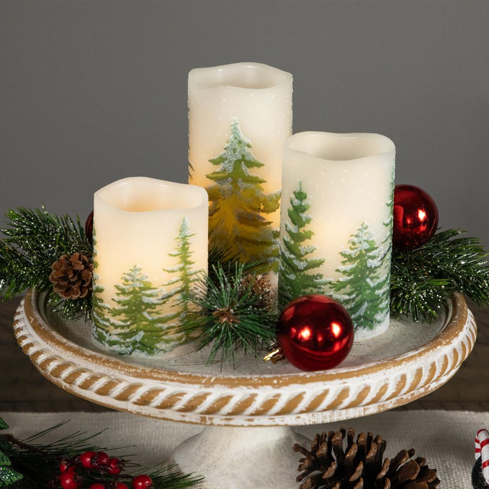Set of 3 Flameless Frosted Pines Flickering LED Christmas Wax Pillar Candles 6". Picture 3