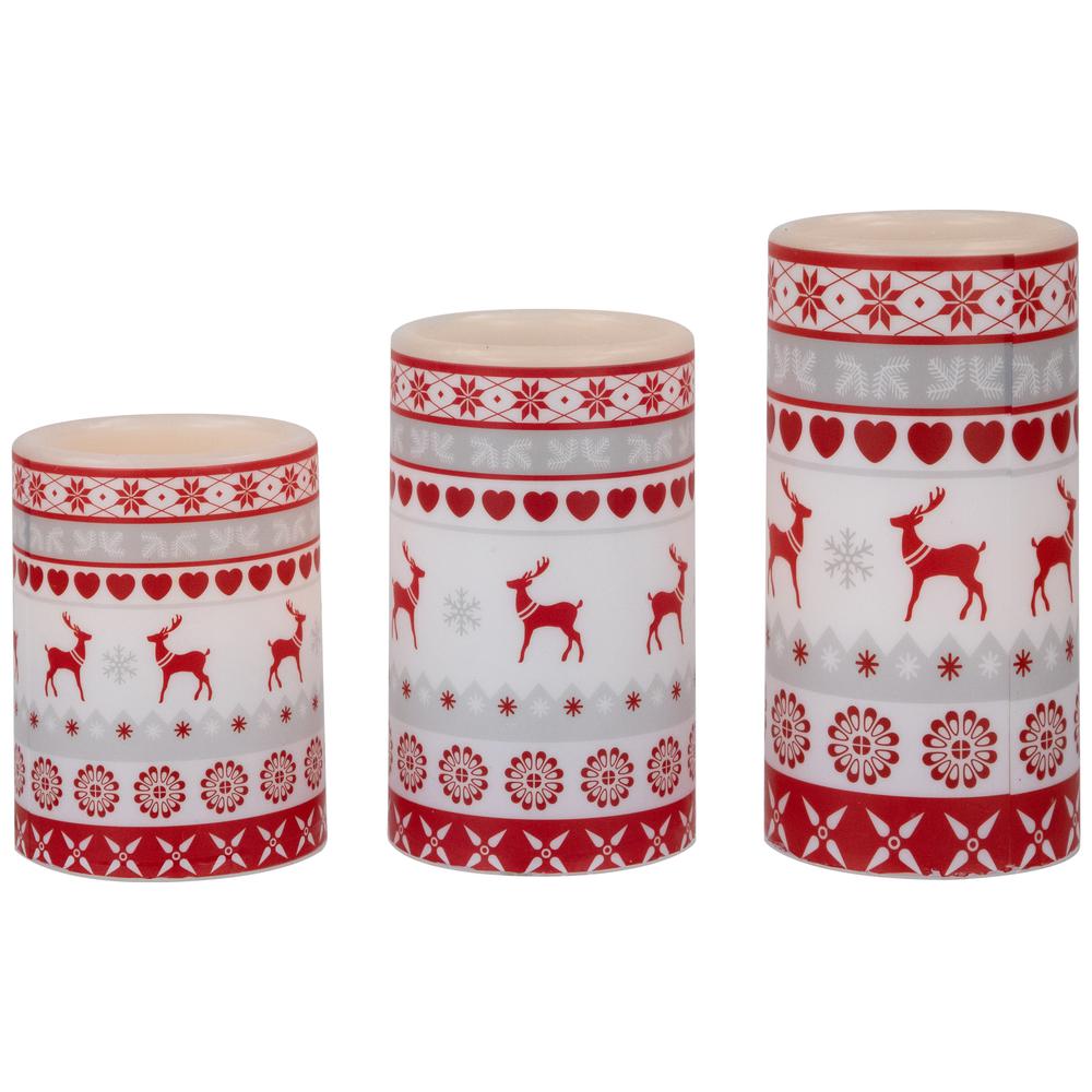 Set of 3 Nordic Reindeer Flickering LED Christmas Wax Pillar Candles 6". Picture 1
