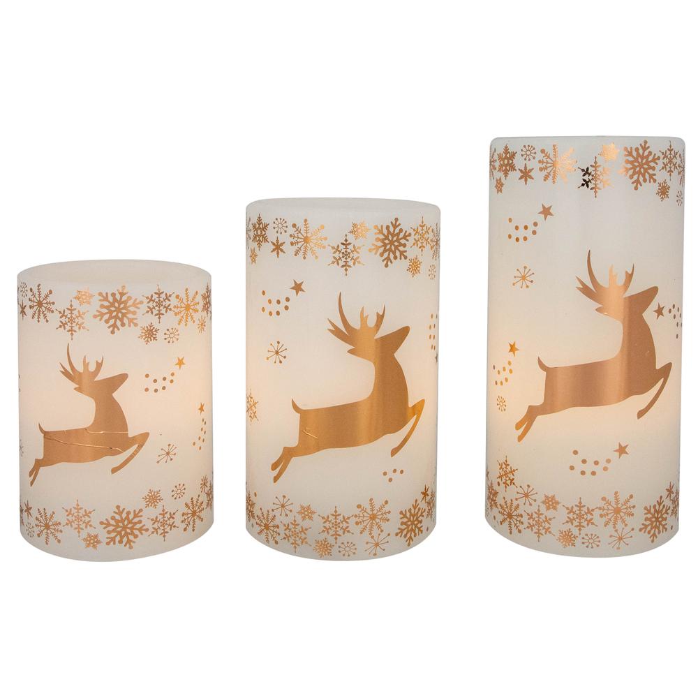Set of 3 White Reindeer Flameless Flickering LED Christmas Wax Pillar Candles 6". Picture 1