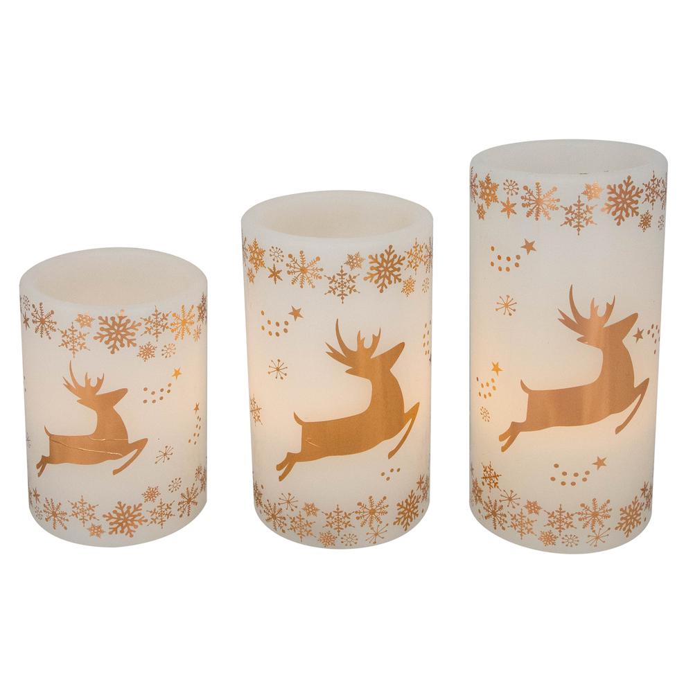 Set of 3 White Reindeer Flameless Flickering LED Christmas Wax Pillar Candles 6". Picture 4