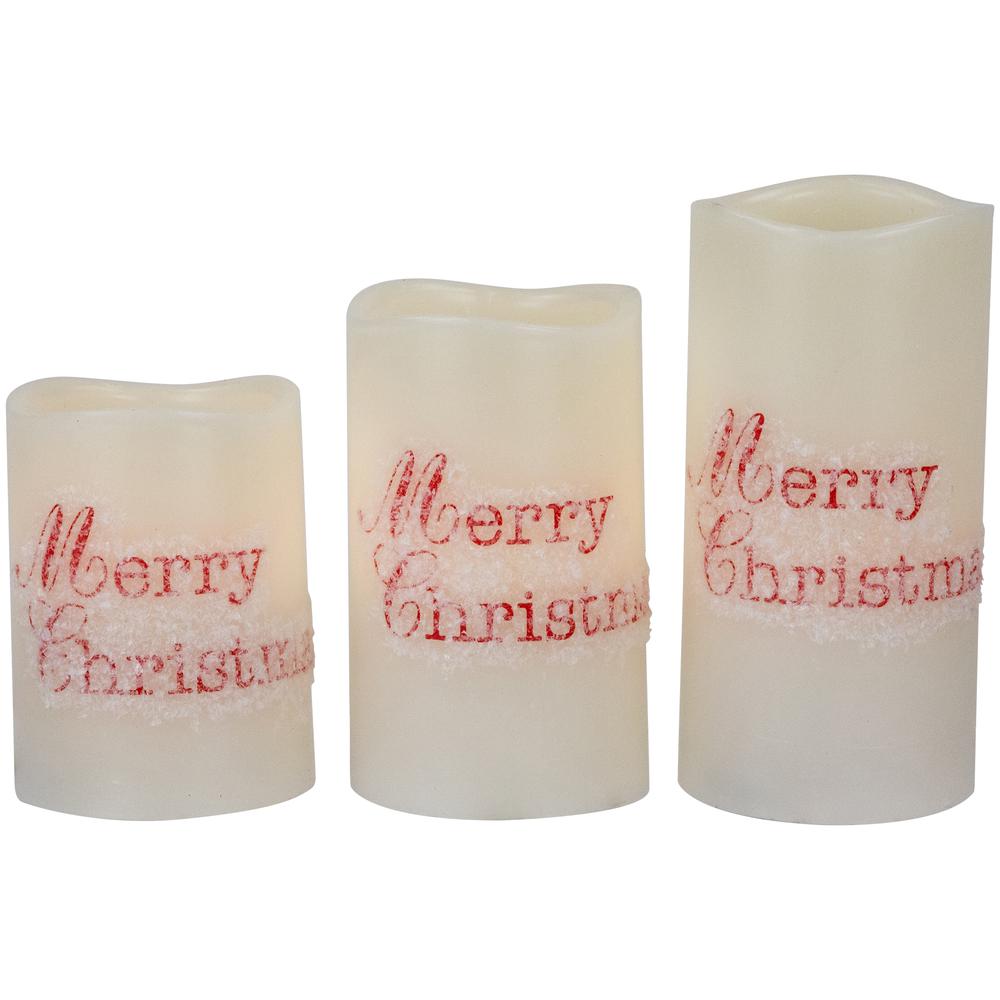 Set of 3 Frosted White "Merry Christmas" Flameless LED Wax Pillar Candles 6". Picture 1