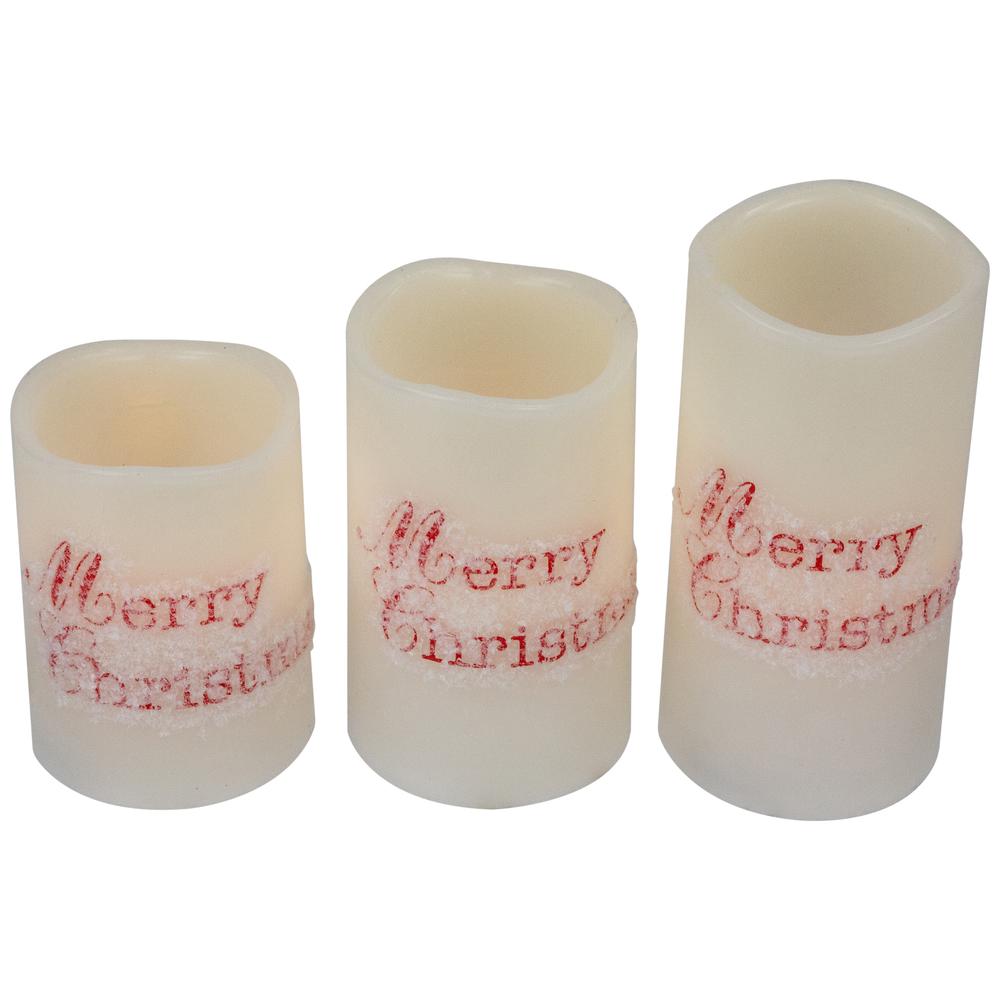 Set of 3 Frosted White "Merry Christmas" Flameless LED Wax Pillar Candles 6". Picture 4