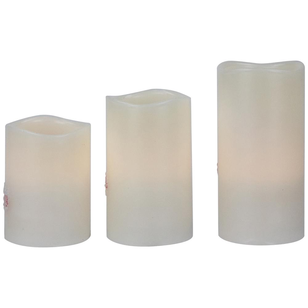 Set of 3 Frosted White "Merry Christmas" Flameless LED Wax Pillar Candles 6". Picture 7