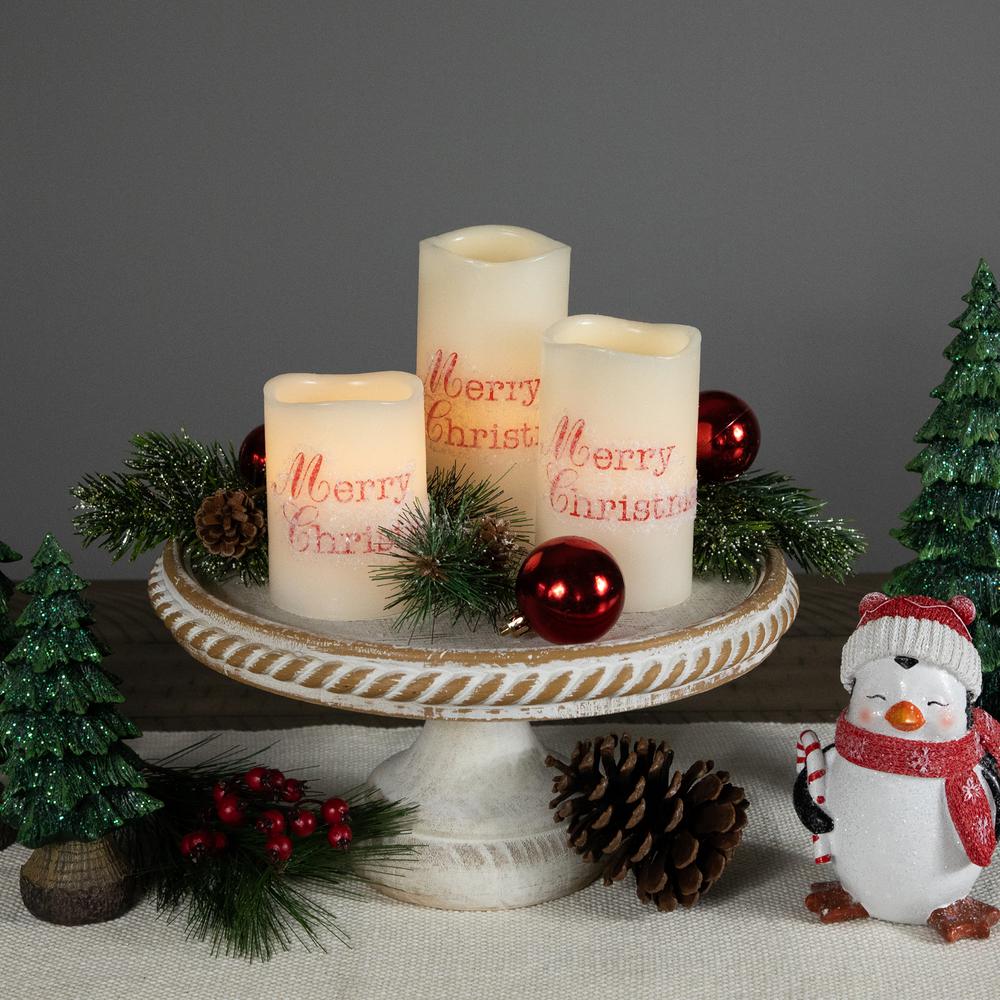 Set of 3 Frosted White "Merry Christmas" Flameless LED Wax Pillar Candles 6". Picture 2