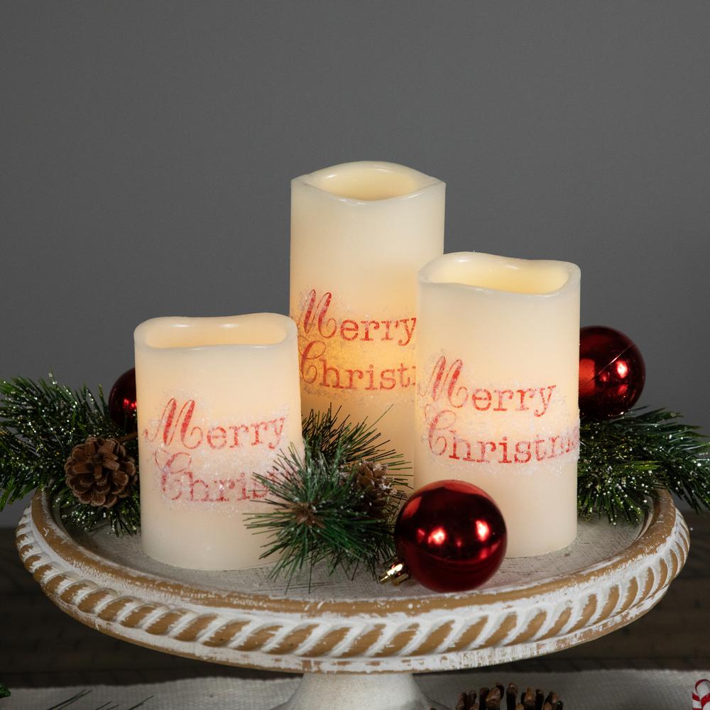Set of 3 Frosted White "Merry Christmas" Flameless LED Wax Pillar Candles 6". Picture 3