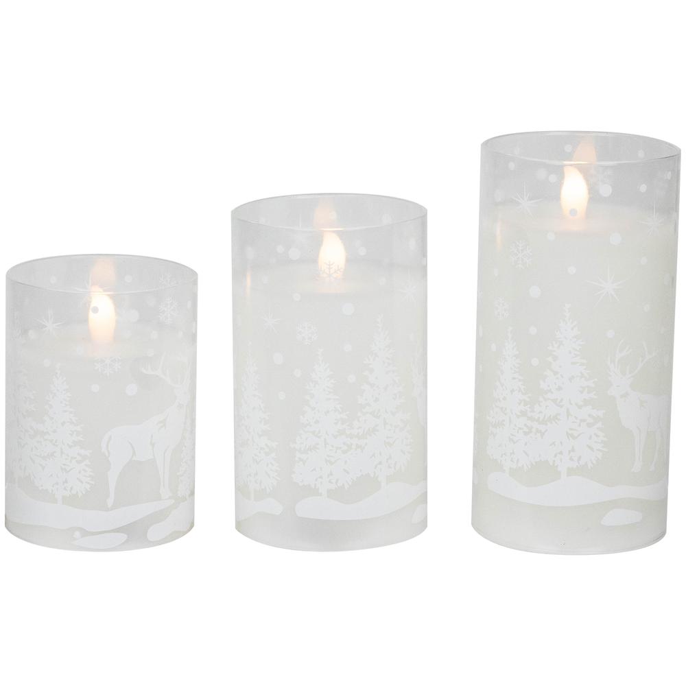Set of 3 Snowy Woodland Flameless LED Glass Christmas Pillar Candles 6". Picture 1