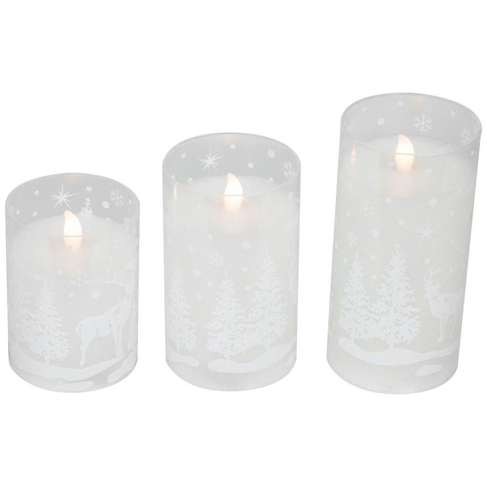 Set of 3 Snowy Woodland Flameless LED Glass Christmas Pillar Candles 6". Picture 4