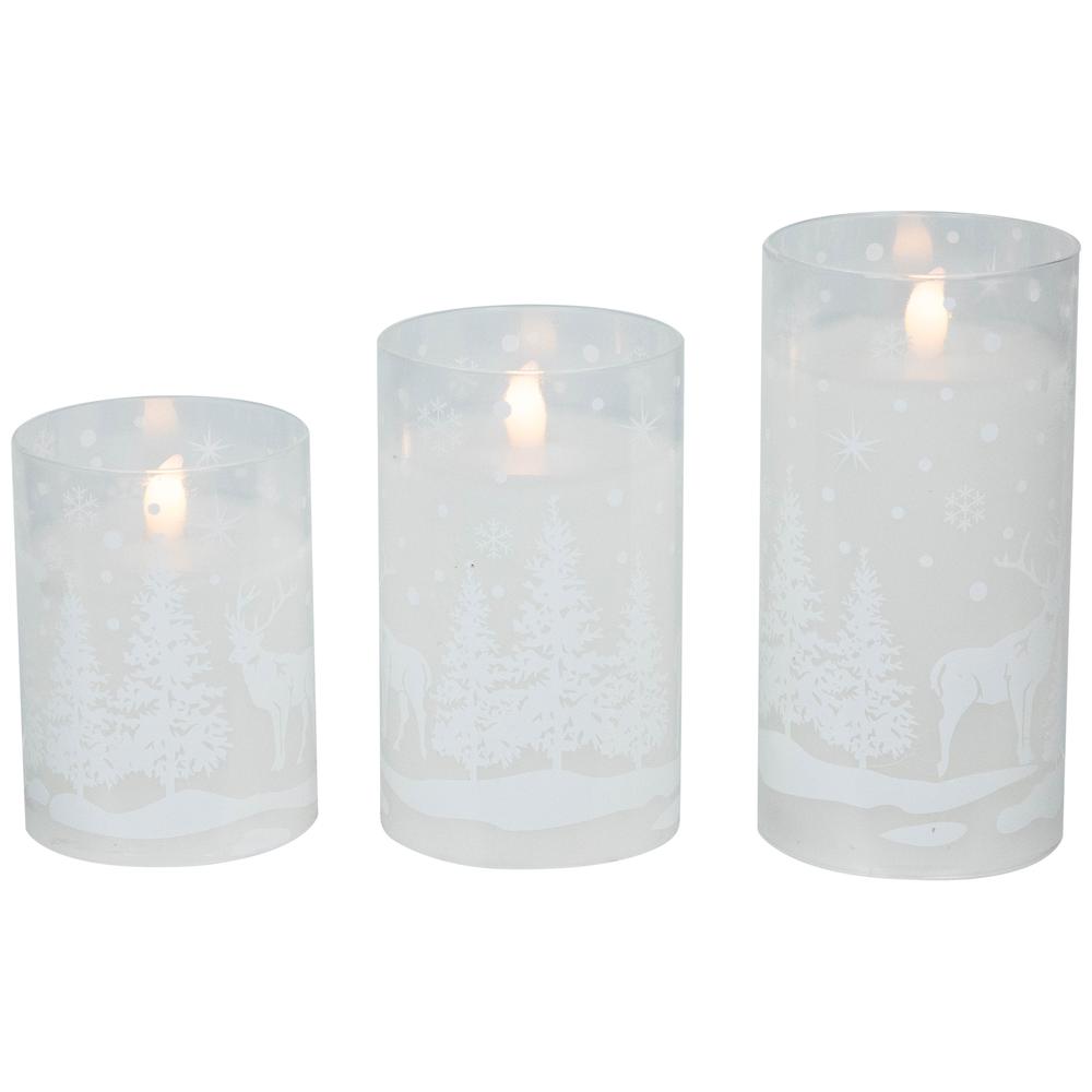 Set of 3 Snowy Woodland Flameless LED Glass Christmas Pillar Candles 6". Picture 5