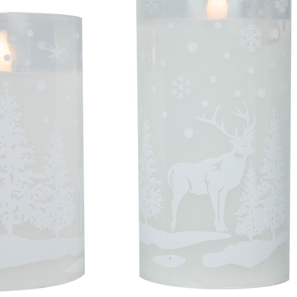 Set of 3 Snowy Woodland Flameless LED Glass Christmas Pillar Candles 6". Picture 7