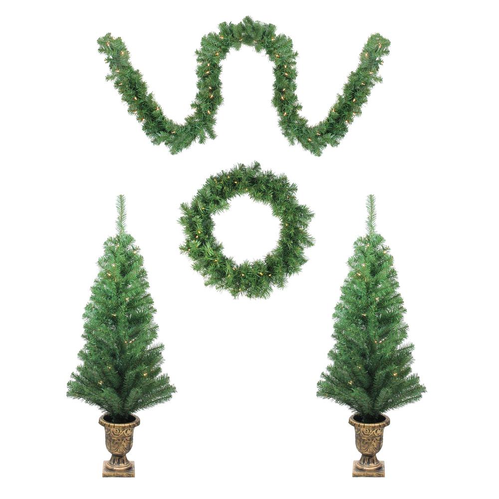 5-Piece Pre-Lit Artificial Winter Spruce Christmas Trees  Wreath and Garland Set - Clear Lights. Picture 1