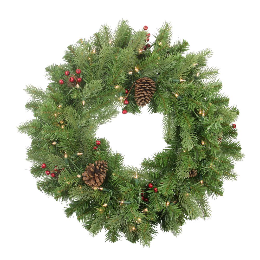 24" Pre-lit Noble Fir with Red Berries and Pine Cones Artificial Christmas Wreath - Clear Lights. Picture 1