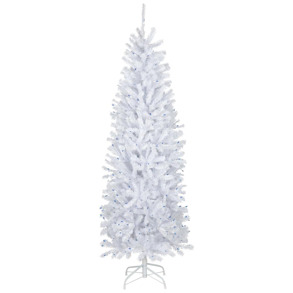 6.5' Pre-Lit Slim Geneva White Spruce Artificial Christmas Tree  Blue Lights. Picture 1
