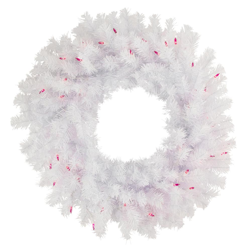 Pre-Lit Geneva White Spruce Artificial Christmas Wreath  24-Inch  Pink Lights. Picture 1