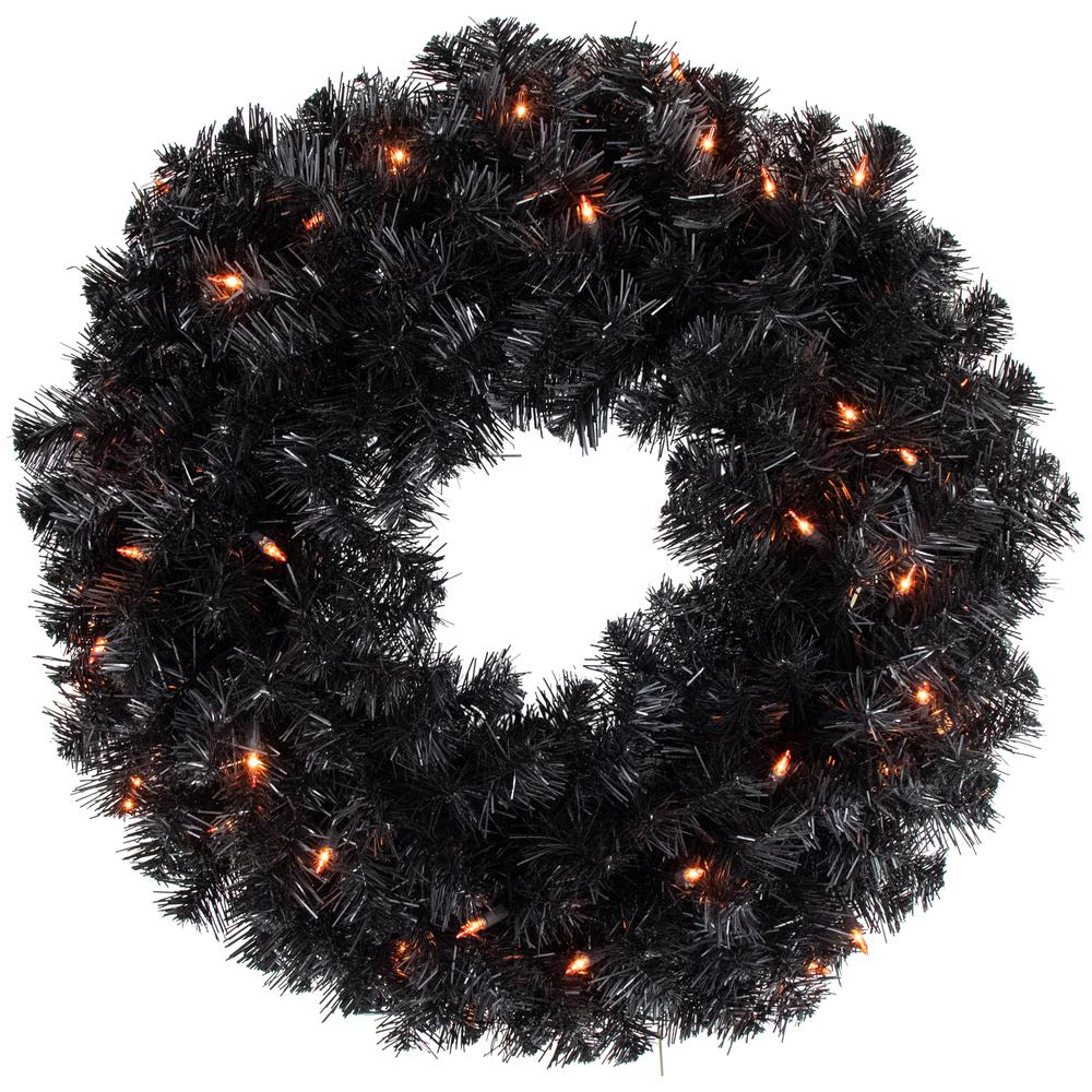 Pre-Lit Black Noble Spruce Artificial Halloween Wreath  24-Inch  Orange Lights. Picture 1
