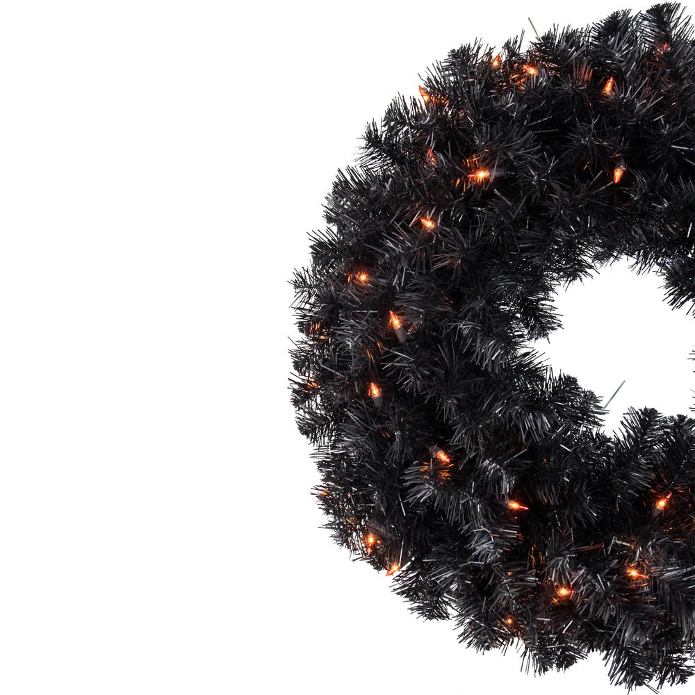 Pre-Lit Black Noble Spruce Artificial Halloween Wreath  24-Inch  Orange Lights. Picture 4